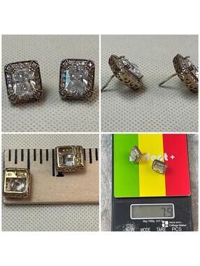 VINTAGE SQUARE CZ HALO STERLING SILVER STUD EARRINGS 925 GOLD TONE !!